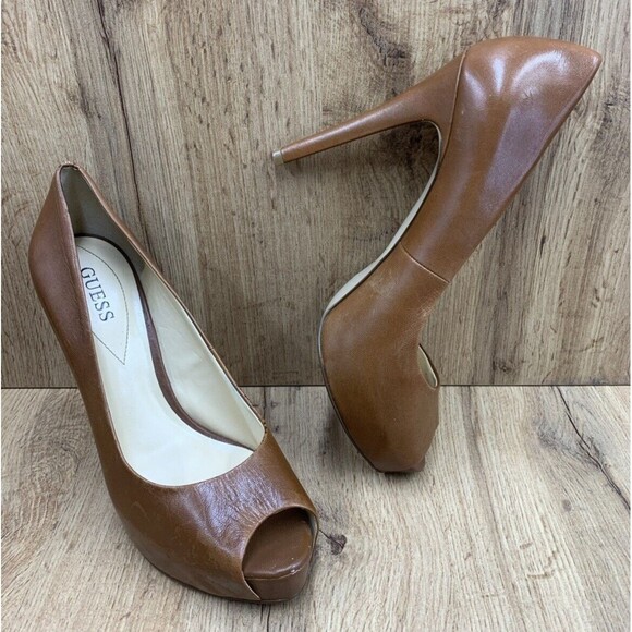 Guess Stilettos Platform Leather Pumps Women's Size 10 M Brown Peep Toe Patches3 - Picture 1 of 16